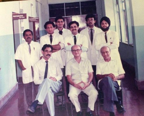 1989, Orthopaedic Unit at JJ Hospital. Dr. Johari is sitting on the left with his teachers, Dr. J.C. Taraporvala (centre) and Dr. P.D. Hakim (right). Behind them are the 3 registrars - on the right Randip Bindra, centre Dr. Gautam Chakraborty and on his right Dr. Sanjay Mehta. All 3 registrars settled outside India